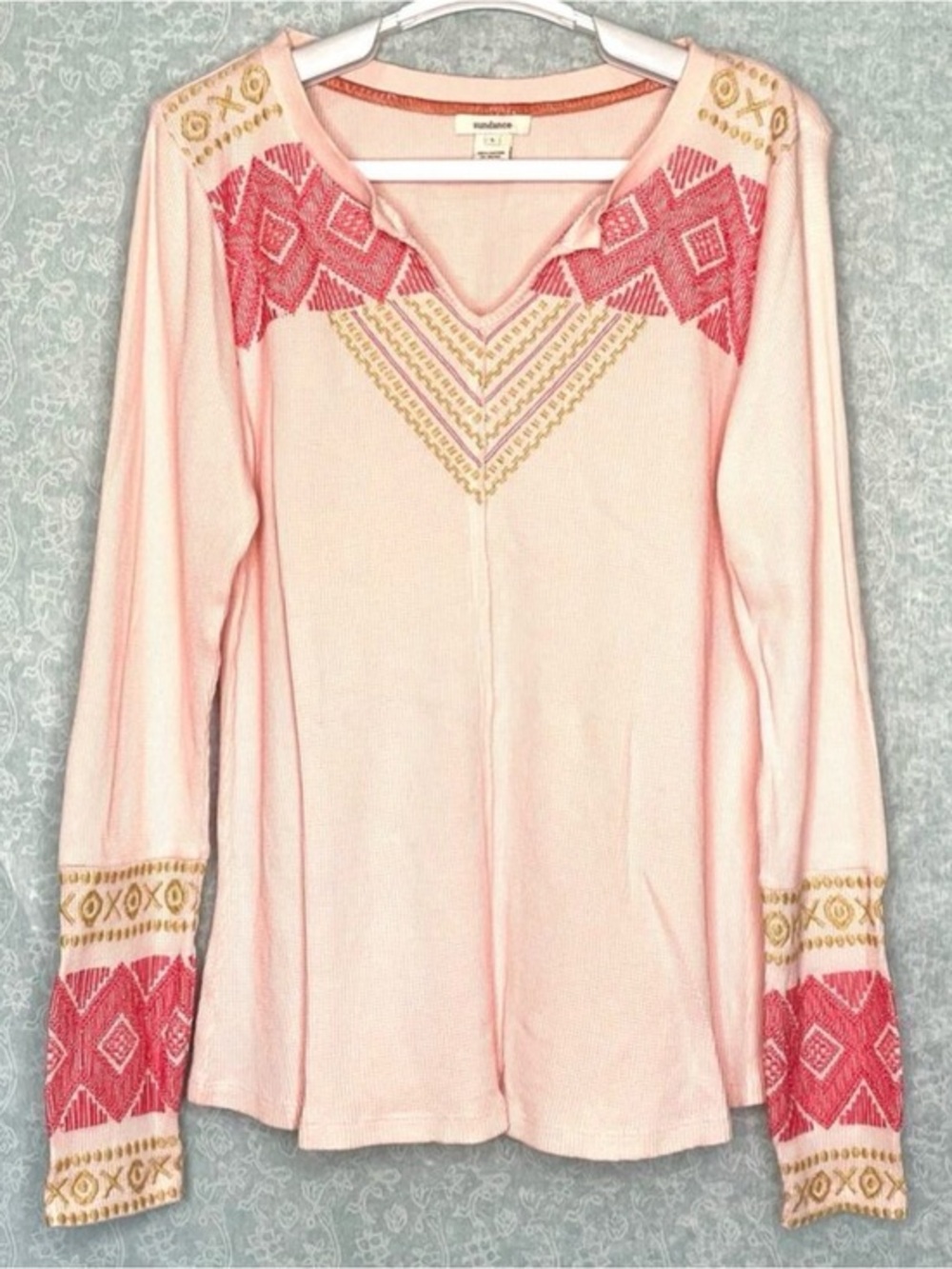 Sundance Pink Embroidered V-Neck Long Sleeve Pullover